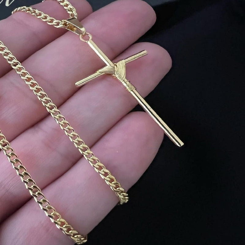 Corrente de Banhada Ouro 18k Semi-jóias com Pingente Cruz No Da Prosperidade